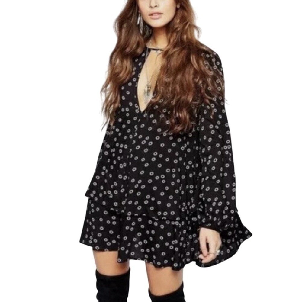 Free People Mini Dress NEW Women SM Black Deep V Keyhole Flowy Soft‎ Grunge